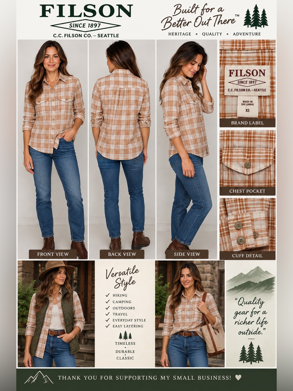 Filson Women’s XS White Tan Plaid 100% Cotton Long Sleeve Button Front Shirt